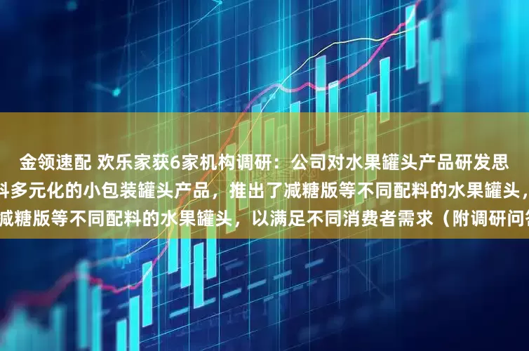 金领速配 欢乐家获6家机构调研：公司对水果罐头产品研发思路主要是在便携、休闲化和配料多元化的小包装罐头产品，推出了减糖版等不同配料的水果罐头，以满足不同消费者需求（附调研问答）